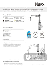 Nero York Tall Basin Mixer Hook Spout With White Porcelain Lever Brushed Nickel NR69210201BN - Basin Mixers