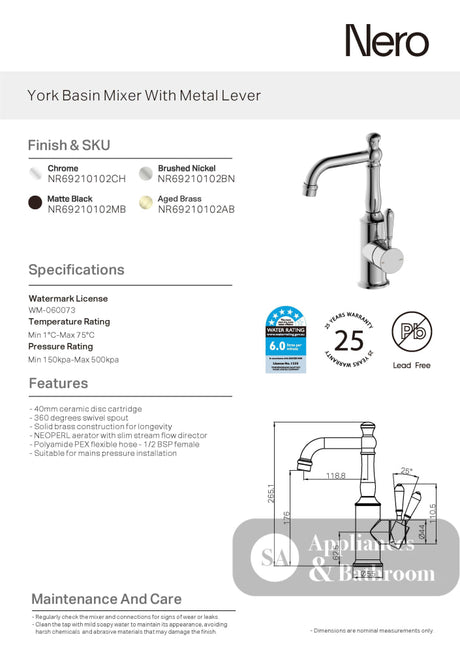 Nero York Tall Basin Mixer With Metal Lever Aged Brass NR69210102AB - Basin Mixers