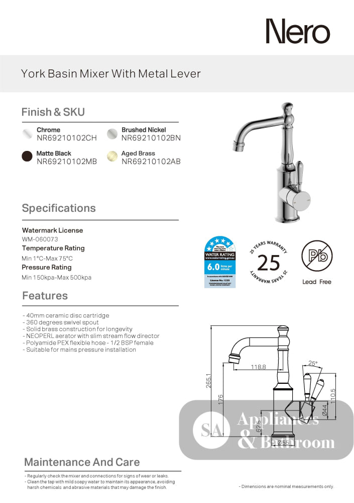 Nero York Tall Basin Mixer With White Metal Lever Matte Black NR69210102MB - Basin Mixers