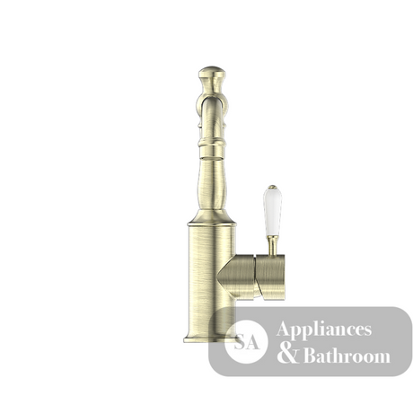 Nero York Tall Basin Mixer With White Porcelain Lever Aged Brass NR69210101AB - Basin Mixers