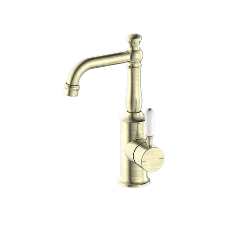 Nero York Tall Basin Mixer With White Porcelain Lever Aged Brass NR69210101AB - Basin Mixers
