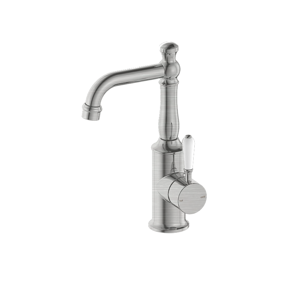 Nero York Tall Basin Mixer With White Porcelain Lever Brushed Nickel NR69210101BN - Basin Mixers