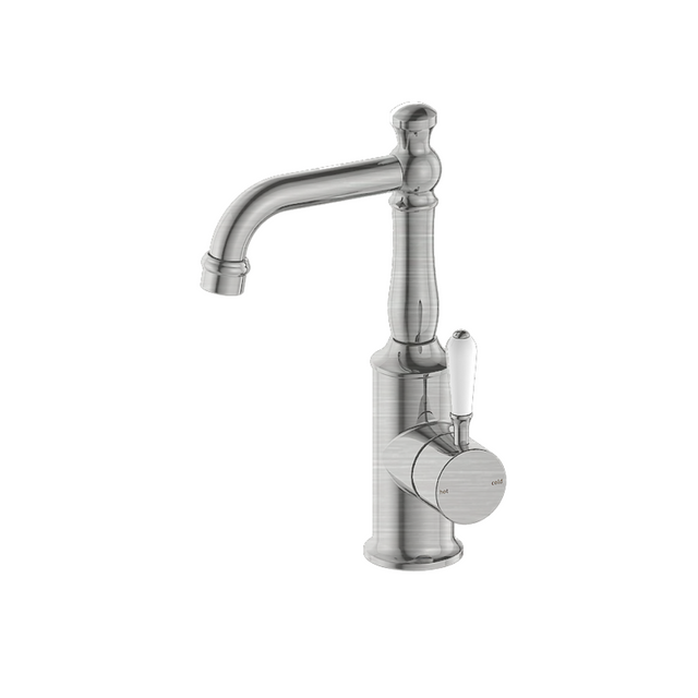 Nero York Tall Basin Mixer With White Porcelain Lever Brushed Nickel NR69210101BN - Basin Mixers