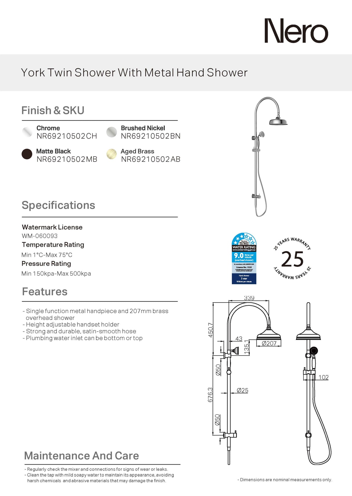 Nero York Twin Shower with Metal Handle Chrome NR69210502CH