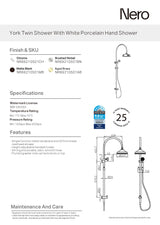 Nero York Twin Shower with White Porcelain Handle Chrome NR69210501CH