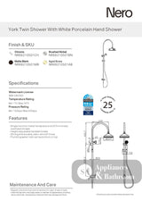 Nero York Twin Shower with White Porcelain Handle Chrome NR69210501CH - Twin Showers