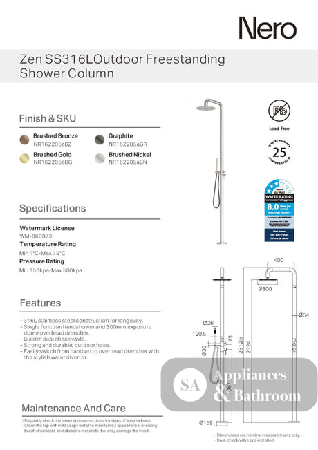 Nero Zen Outdoor Freestanding Shower Column 300mm Brushed Bronze NR162205ABZ - Twin Showers
