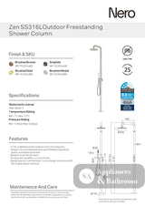 Nero Zen Outdoor Freestanding Shower Column 300mm Brushed Nickel NR162205ABN - Twin Showers
