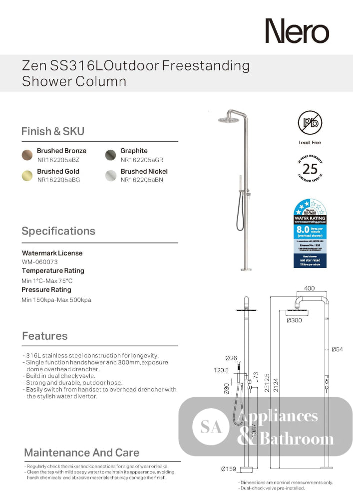 Nero Zen Outdoor Freestanding Shower Column 300mm Graphite NR162205AGR - Twin Showers