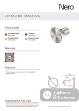 Nero Zen Robe Hook Brushed Gold NR1682BG - Robe Hooks