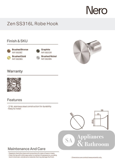 Nero Zen Robe Hook Brushed Gold NR1682BG - Robe Hooks