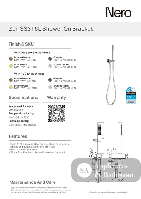 Nero Zen Shower On Bracket w/ Outdoor Shower Hose Brushed Gold NR162205D01BG - Hand Showers
