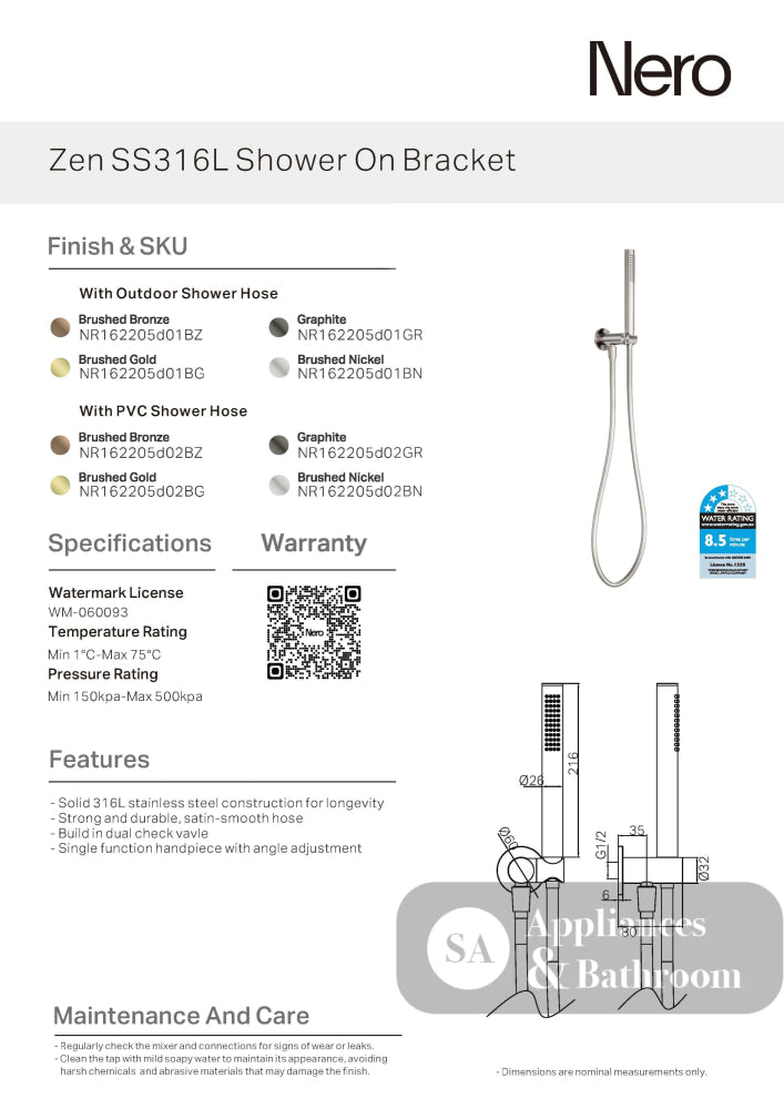Nero Zen Shower On Bracket with Outdoor Shower Hose Brushed Nickel NR162205D01BN - Hand Showers
