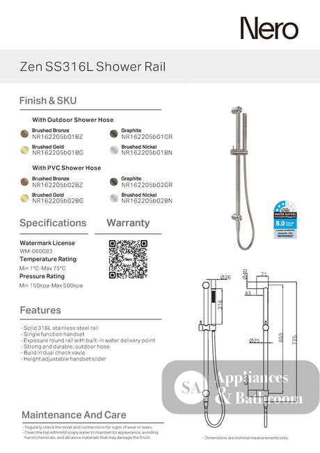 Nero Zen Shower Rail with Indoor Shower Hose Brushed Gold NR162205B02BG - Rail Showers