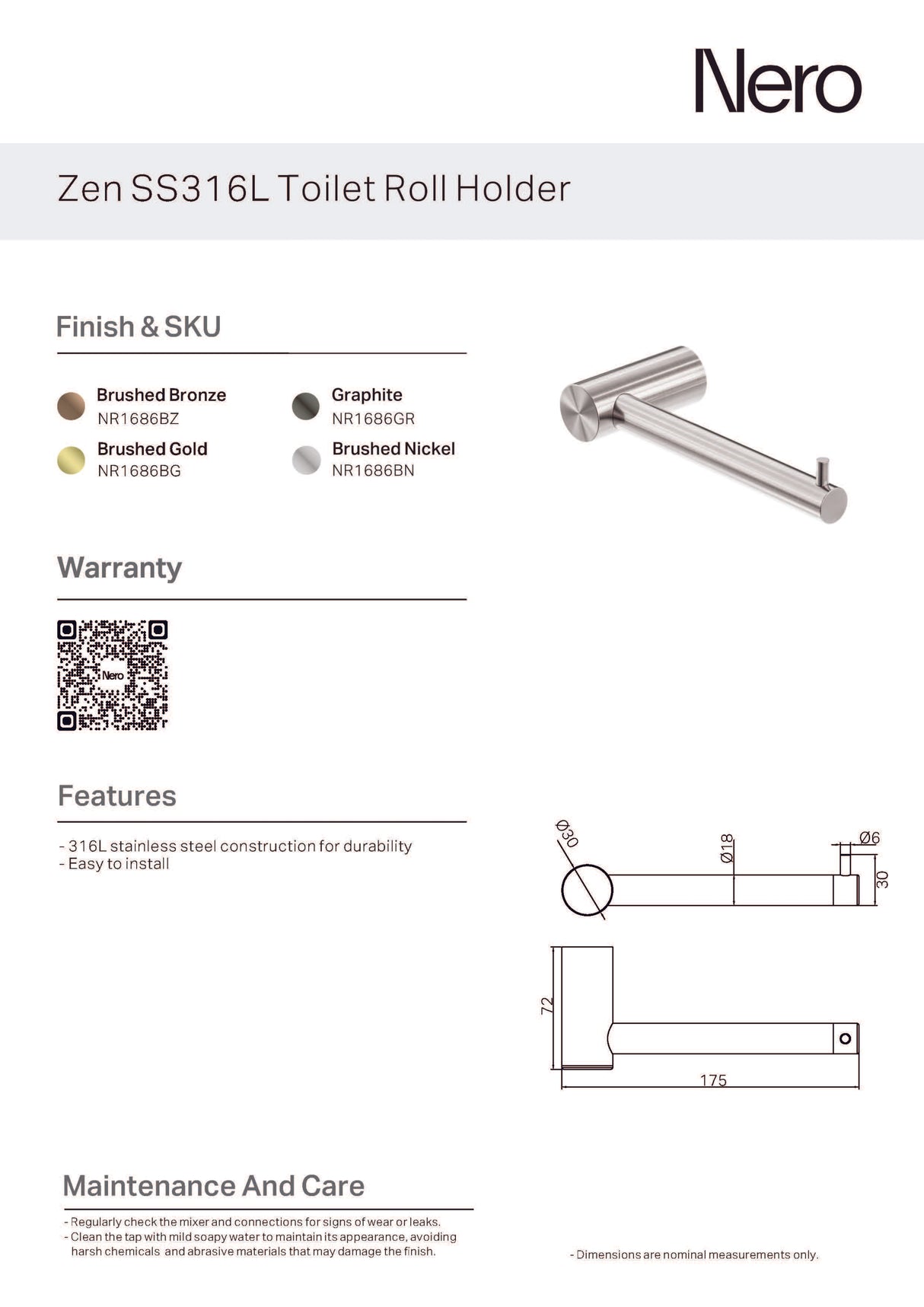Nero Zen Toilet Roll Holder Brushed Nickel NR1686BN