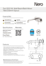 Nero Zen Wall Basin/Bath Mixer, 230mm Spout Graphite NR162210A230GR