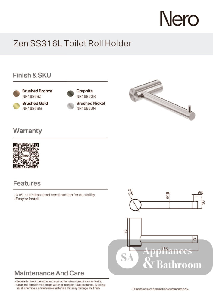 Nero Zen Toilet Roll Holder Brushed Gold NR1686BG - TOILET ROLL HOLDERS
