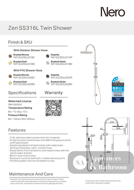 Nero Zen Twin Shower with Outdoor Shower Hose Brushed Bronze NR162205C01BZ - Twin Showers