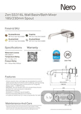 Nero Zen Wall Basin/Bath Mixer 185mm Spout Graphite NR162210A185GR - Wall Mixers & Spouts