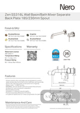 Nero Zen Wall Basin/Bath Mixer 185mm Spout (Separate Plates) Graphite NR162210B185GR - Wall Mixers & Spouts