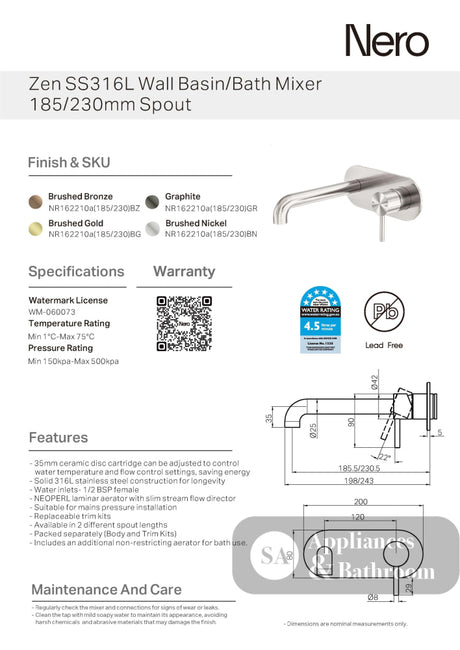 Nero Zen Wall Basin/Bath Mixer 230mm Spout Brushed Nickel NR162210A230BN - Wall Mixers & Spouts