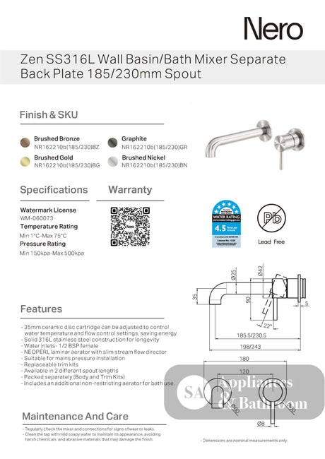 Nero Zen Wall Basin/Bath Mixer 230mm Spout (Separate Plates) Graphite NR162210B230GR - Wall Mixers & Spouts