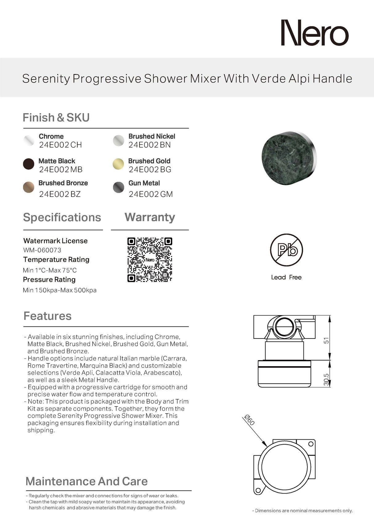 Nero Serenity Progressive Shower Mixer w/ Verde Alpi Handle Brushed Nickel 24E002BN