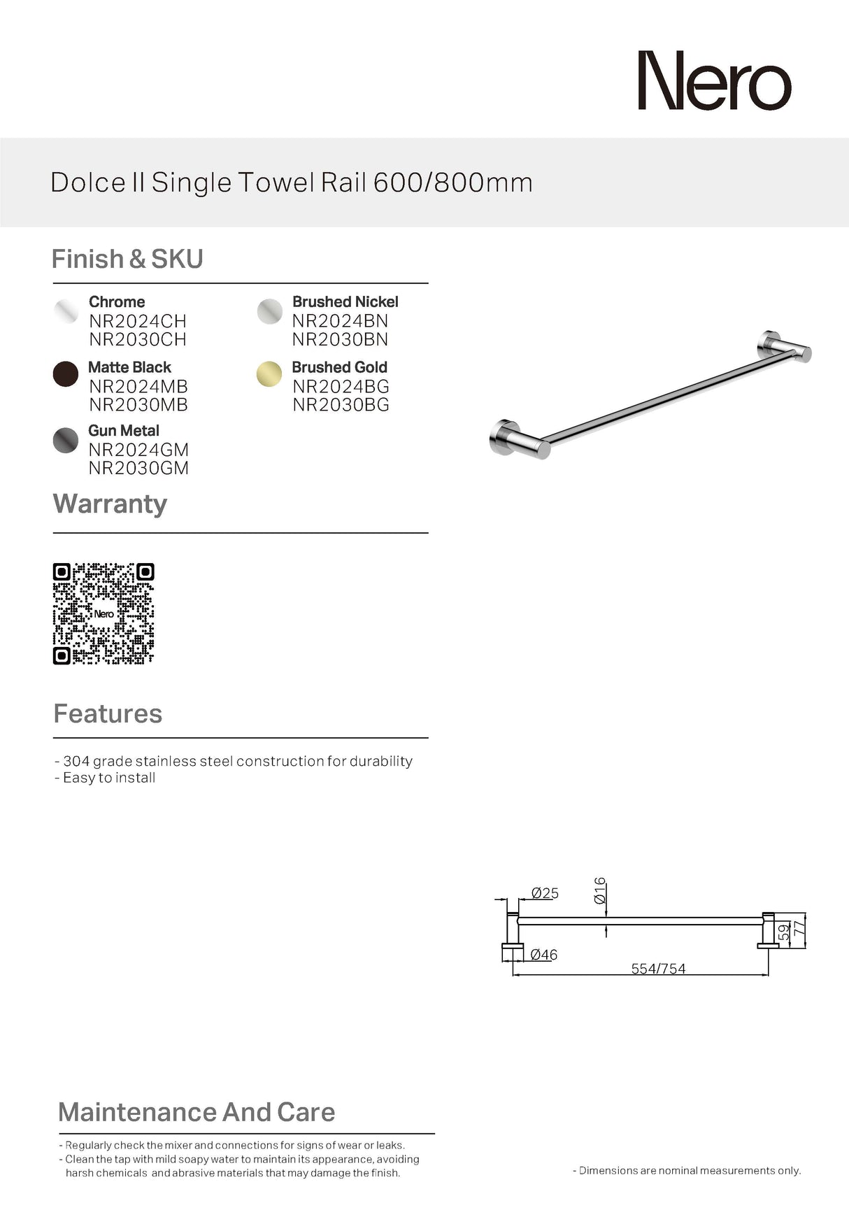 Nero Dolce Single Towel Rail 800mm Chrome NR2030CH