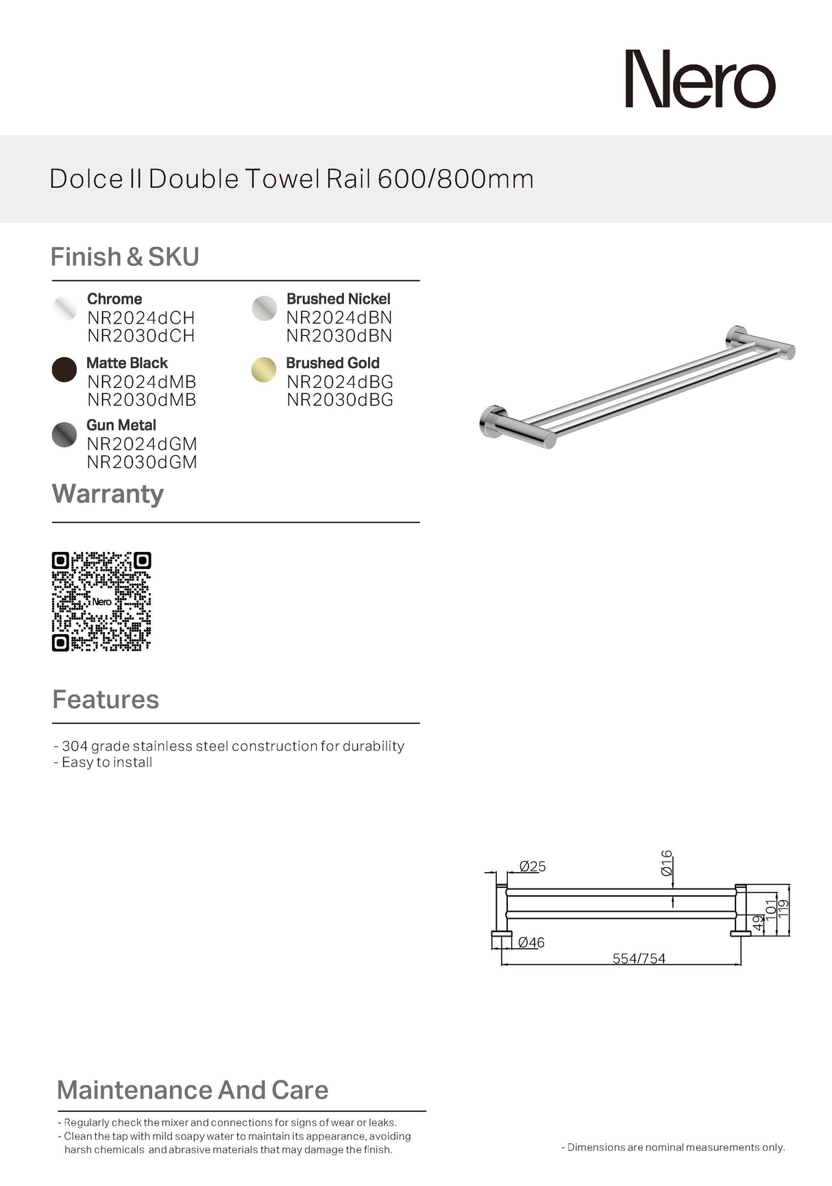 Nero Dolce Double Towel Rail 800mm Chrome NR2030DCH