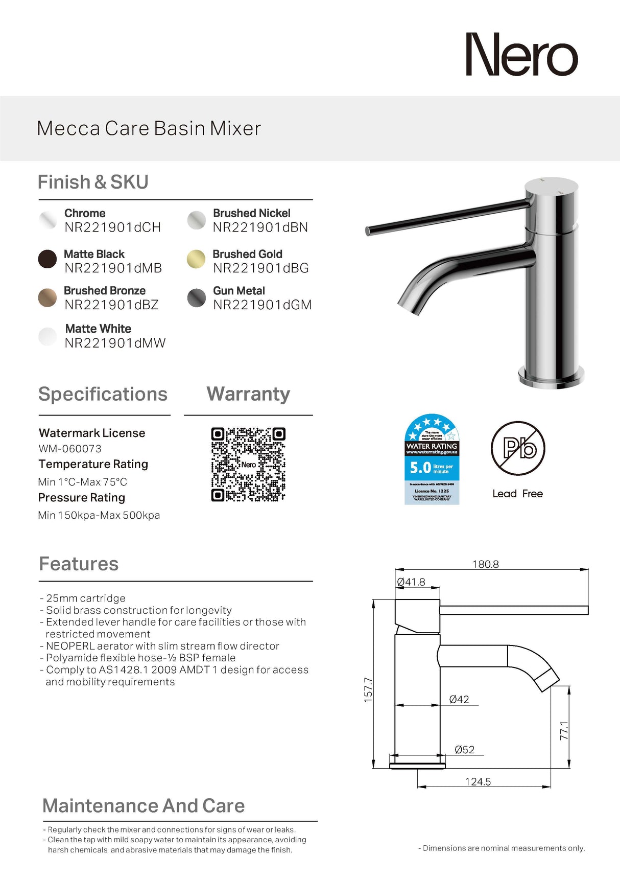 Nero Mecca Care Basin Mixer Chrome NR221901DCH