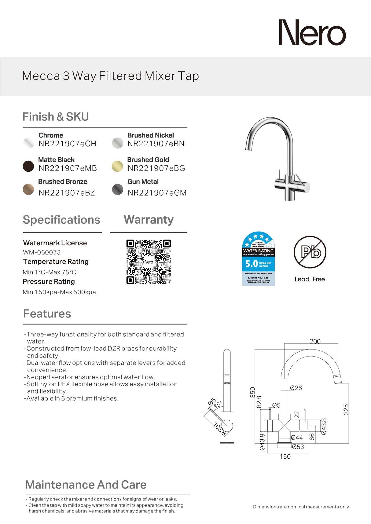 Nero Mecca 3 Way Filtered Mixer Tap Brushed Bronze NR221907EBZ