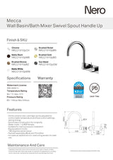 Nero Mecca Wall Basin/Bath Mixer Swivel Spout Handle Up Brushed Gold NR221910PBG