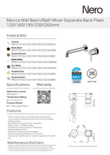 Nero Mecca Wall Basin/Bath Mixer Separate Back Plate 160mm Chrome NR221910C160CH