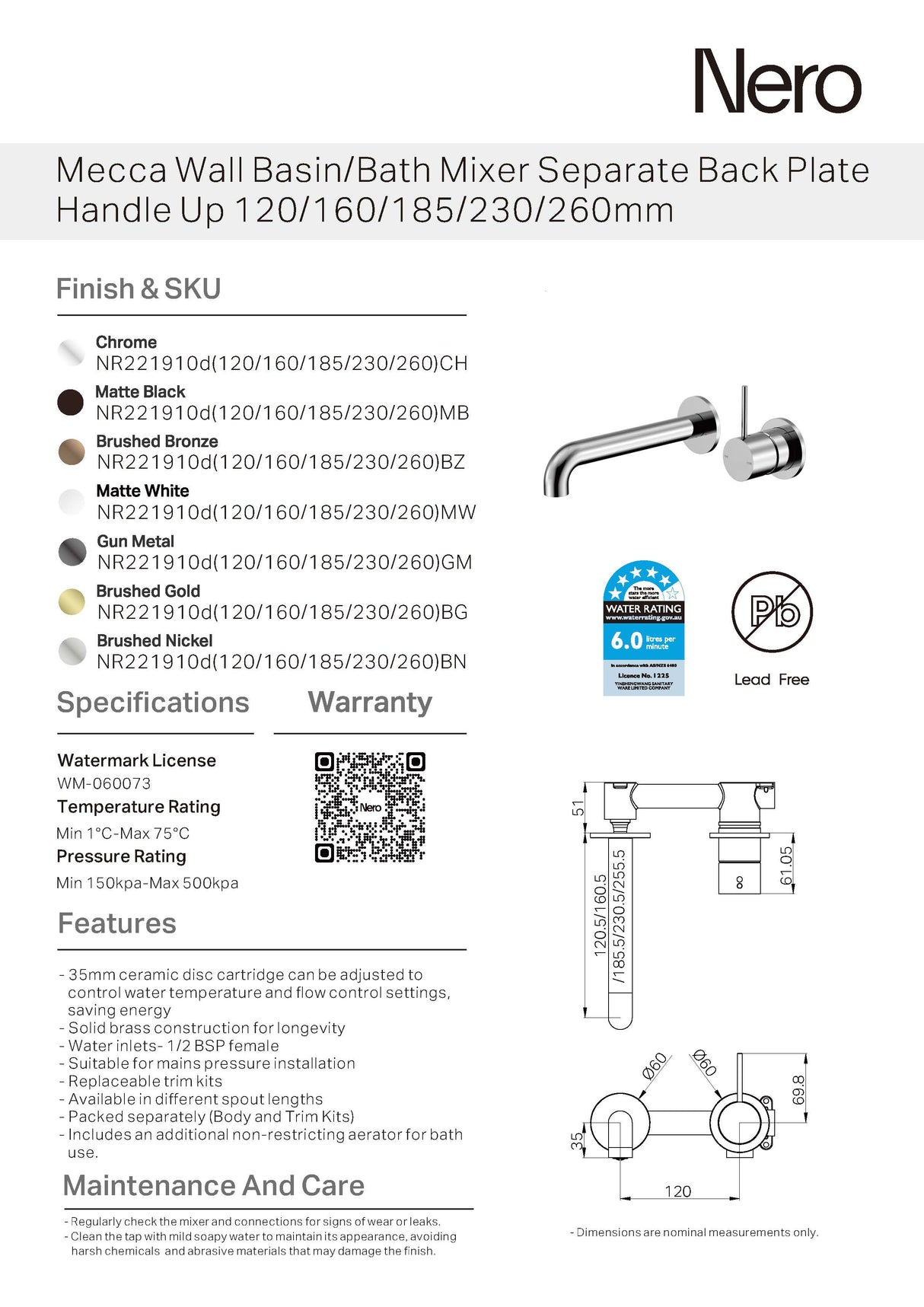 Nero Mecca Wall Basin/Bath Mixer Separate Back Plate Handle Up 120mm Chrome NR221910D120CH