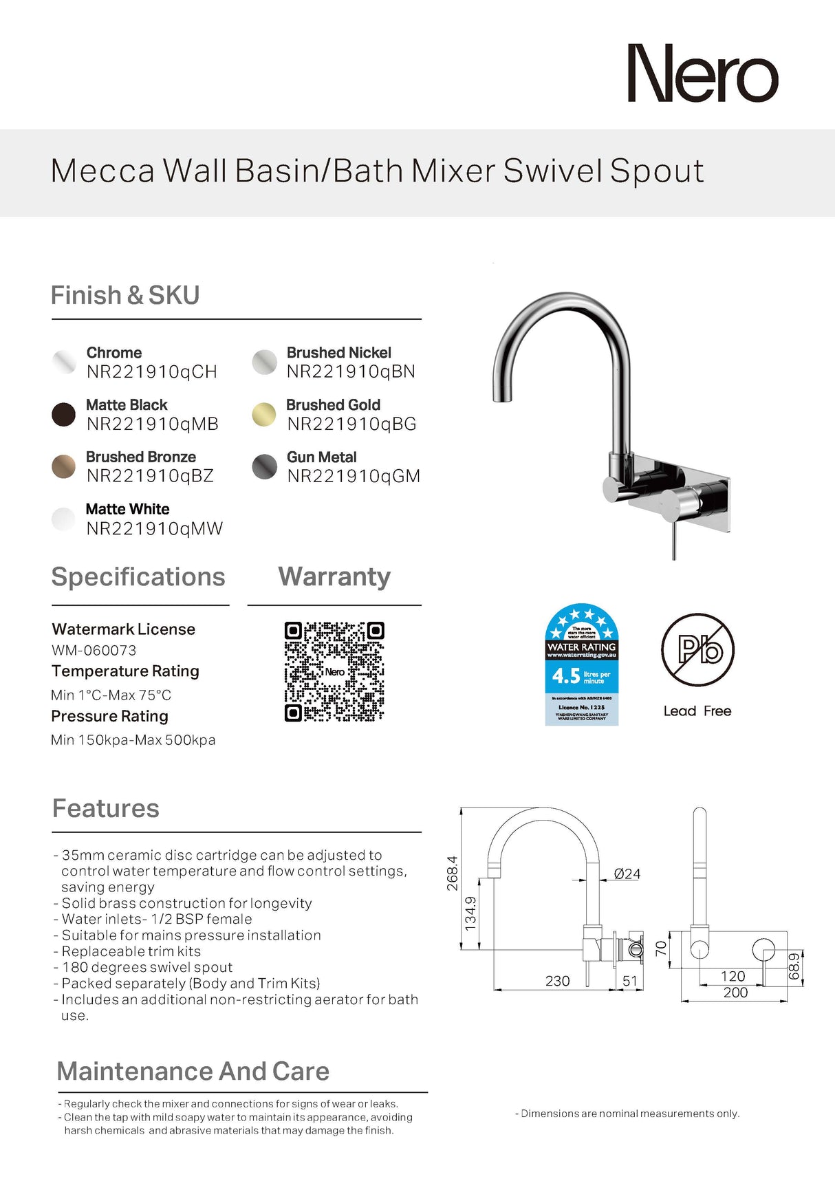 Nero Mecca Wall Basin/Bath Mixer Swivel Spout Brushed Gold NR221910QBG