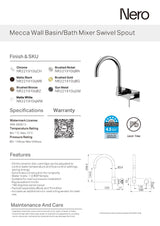 Nero Mecca Wall Basin/Bath Mixer Swivel Spout Brushed Gold NR221910QBG