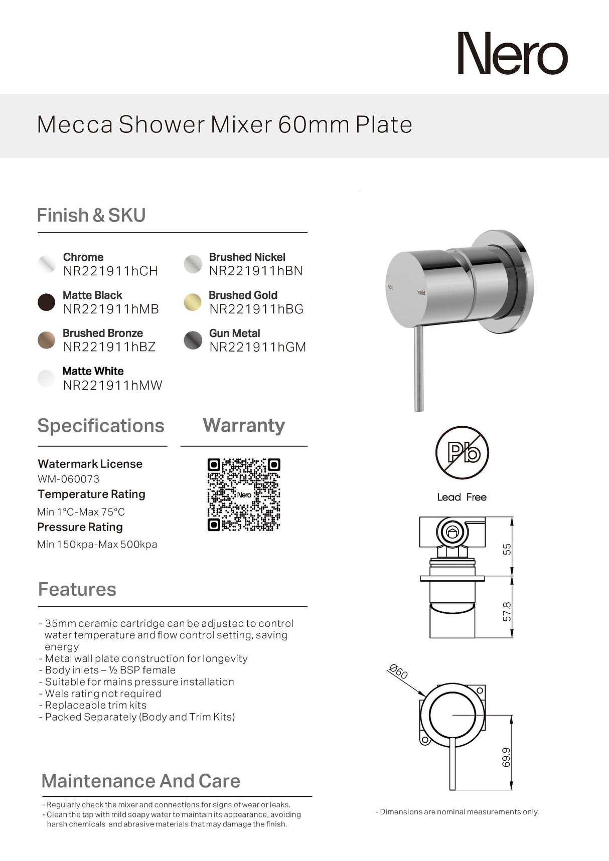 Nero Mecca Shower Mixer 60mm Plate Matte Black NR221911HMB