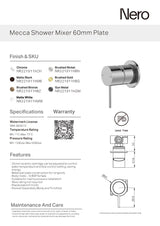 Nero Mecca Shower Mixer 60mm Plate Matte Black NR221911HMB
