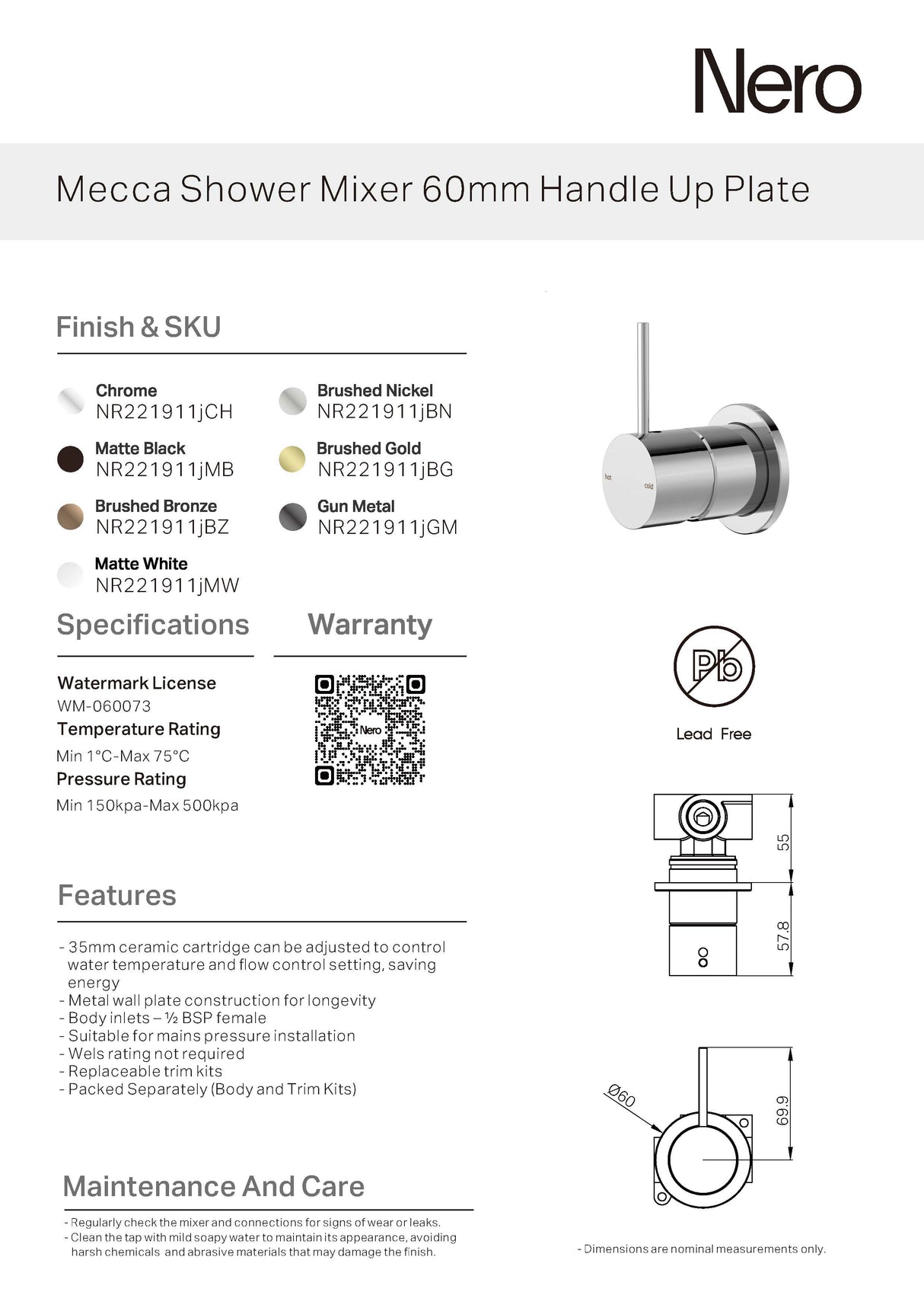 Nero Mecca Shower Mixer 60mm Handle Up Plate Brushed Nickel NR221911JBN