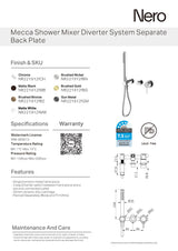 Nero Mecca Shower Mixer Diverter System Separate Back Plate Chrome NR221912FCH