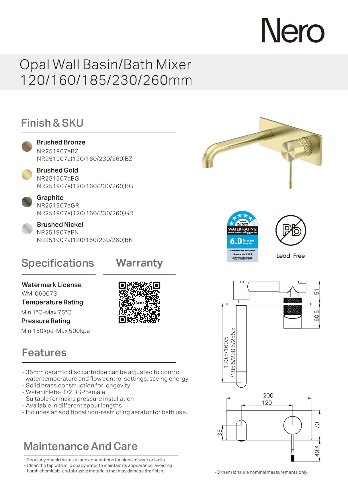 Nero Opal Wall Basin/Bath Mixer 120mm Spout Brushed Gold NR251907A120BG