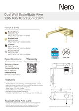 Nero Opal Wall Basin/Bath Mixer 120mm Spout Brushed Gold NR251907A120BG