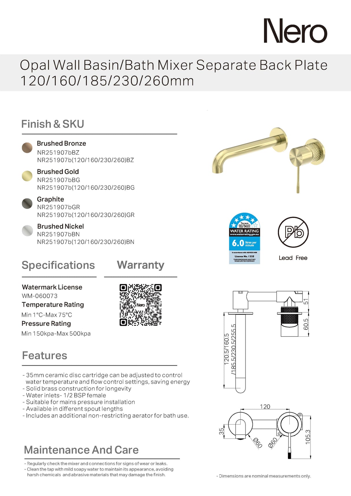 Nero Opal Wall Basin/Bath Mixer Brushed Bronze NR251907bBZ