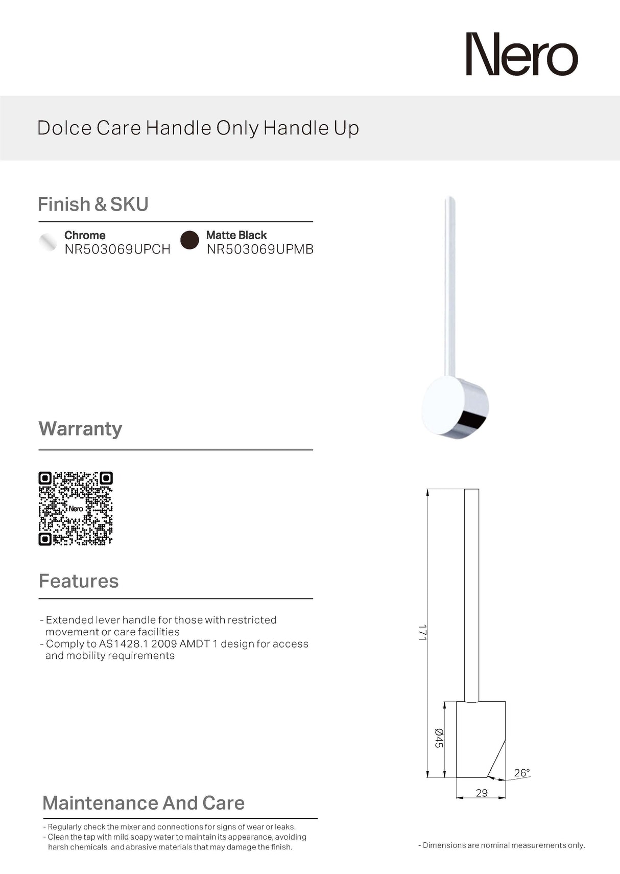 Nero Dolce Care Handle Only Handle Up Matte Black NR503069UPMB