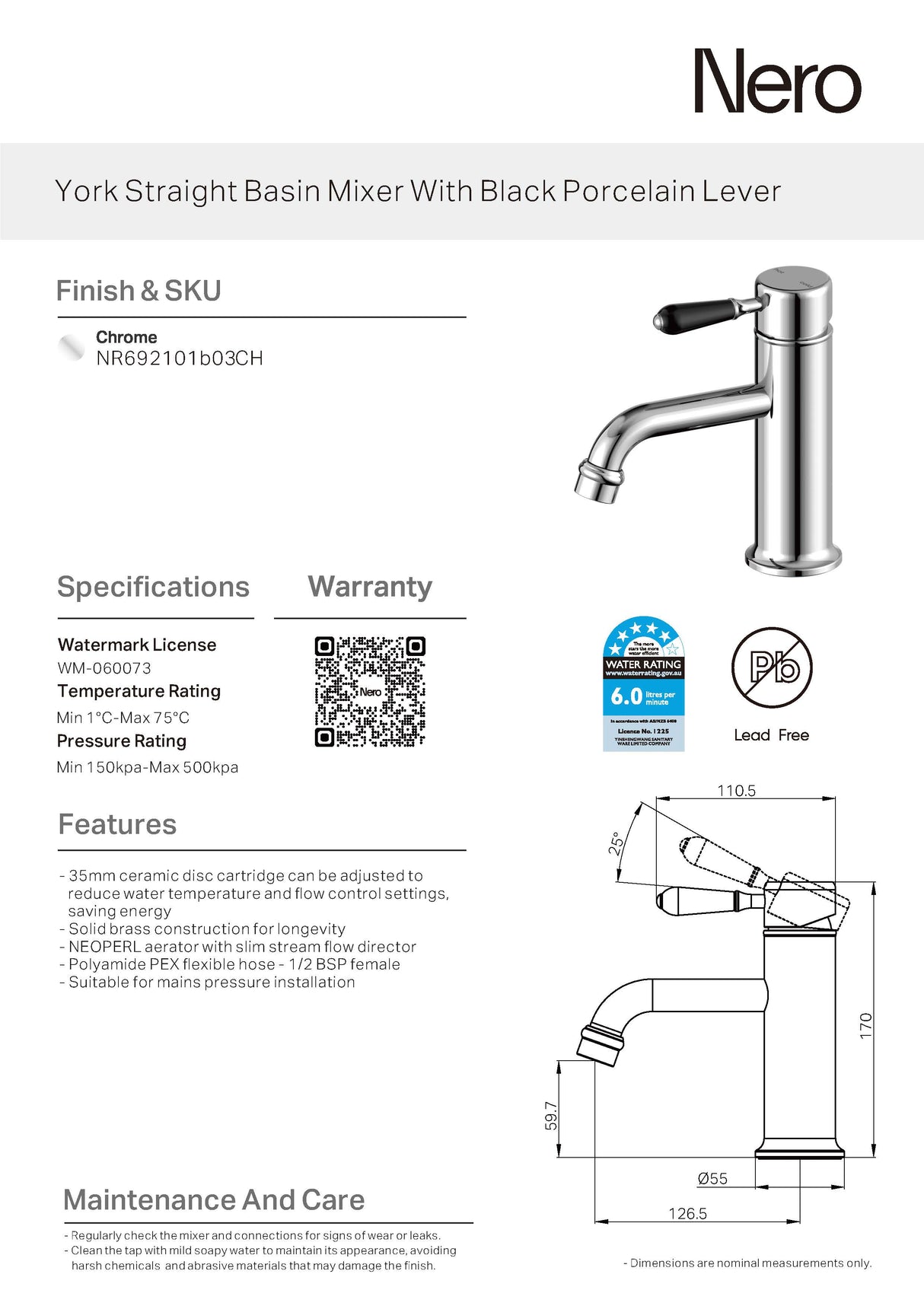 Nero York Straight Basin Mixer w/Black Porcelain Lever Chrome NR692101B03CH