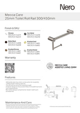 Nero Mecca Care 25mm Toilet Roll Rail 450mm Matte Black NRCR2518AMB