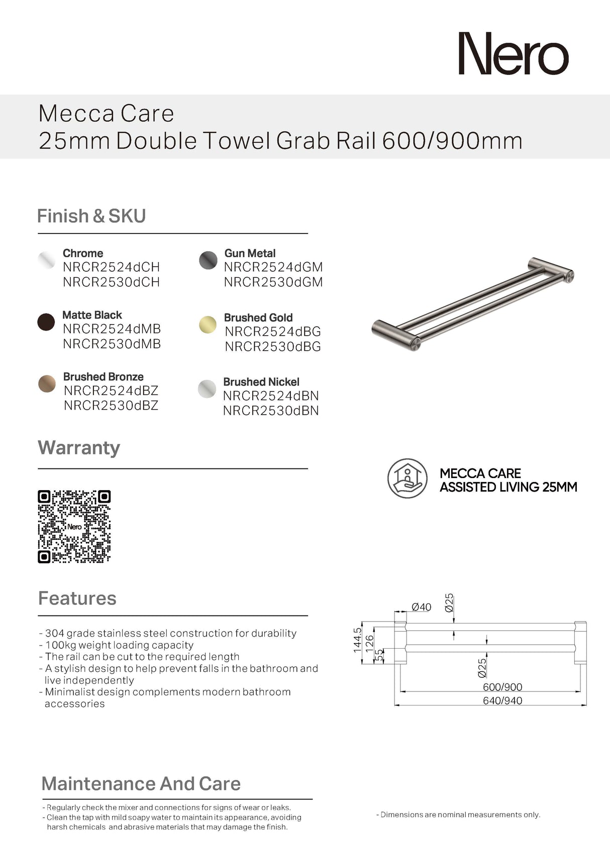 Nero Mecca Care 25mm Grab Double Towel Rail 600mm Brushed Gold NRCR2524DBG