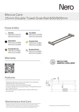 Nero Mecca Care 25mm Grab Double Towel Rail 600mm Brushed Gold NRCR2524DBG