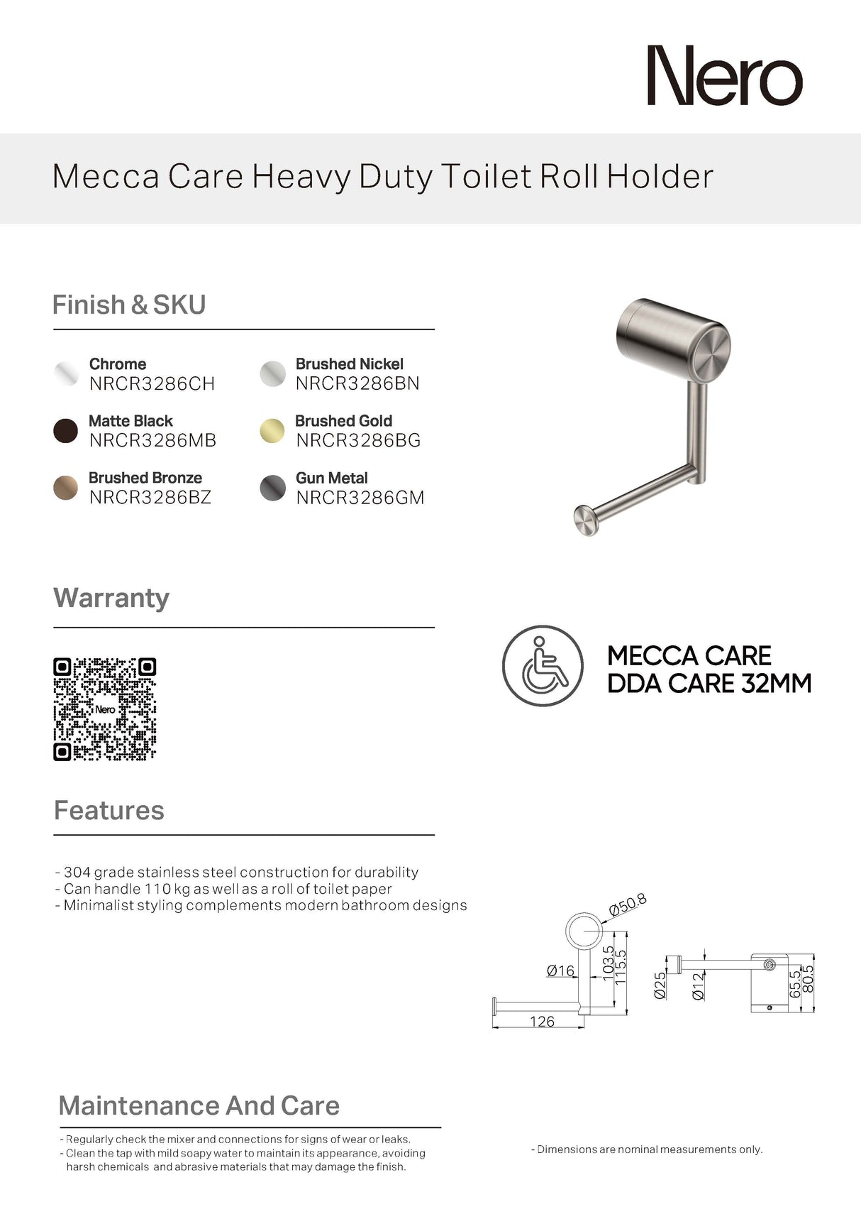 Nero Mecca Care Heavy Duty Toilet Roll Holder Gun Metal NRCR3286GM