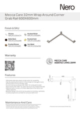 Nero Mecca Care 32mm Wrap Around Corner Grab Rail 600X600mm Gun Metal NRCR3290WGM